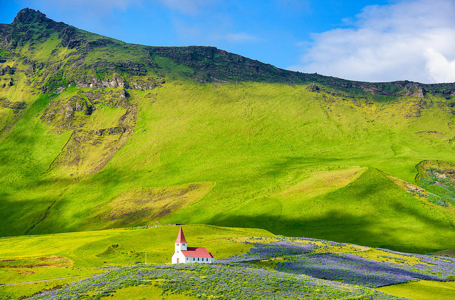 Iceland Mountain Landscape With Church In Vik Photograph