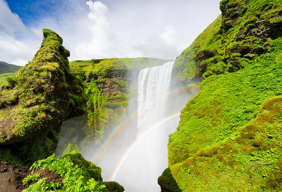 Nature Photograph - Iceland Skogafoss waterfall with rainbow by Matthias Hauser