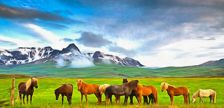 Icelandic horses in Iceland painting with vibrant colors Painting by Matthias Hauser