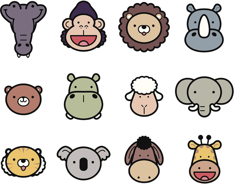 Icon Set: Cute Zoo Animals in color Drawing by Alashi