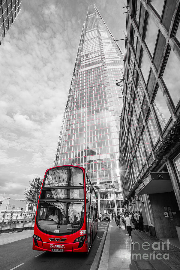 London Photograph - Iconic Red London Bus with The Shard - London - Selective Colour by Ian Monk