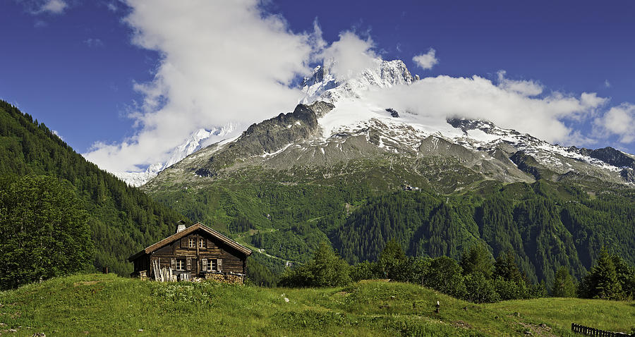 Idyllic Alpine chalet summer mountain meadow panorama Alps Photograph by fotoVoyager