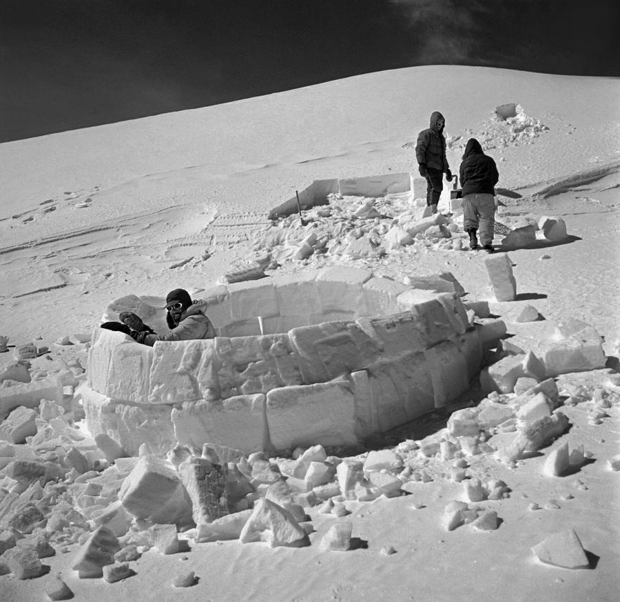 T-501317-BW-Igloo Construction at 17100 Ft on Mt McKinley, AK Photograph by Ed  Cooper Photography