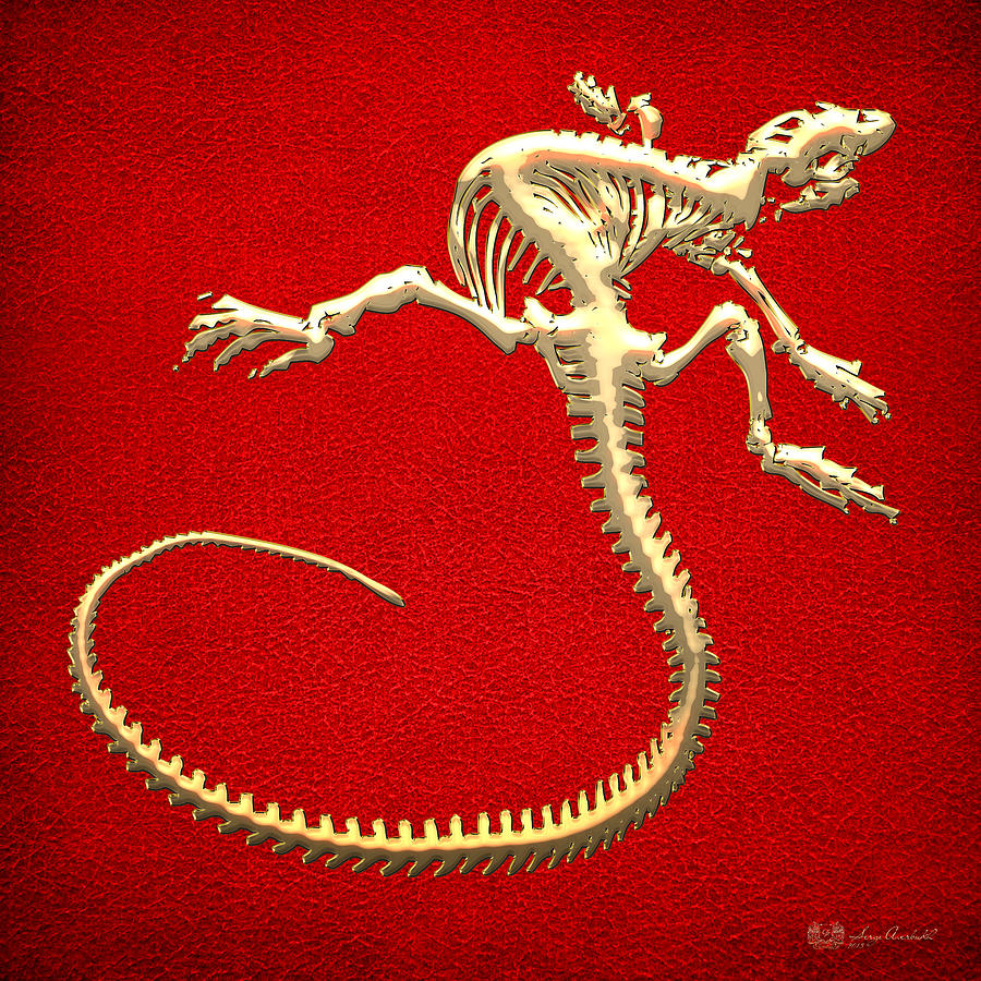 Iguana Skeleton in Gold on Red  Digital Art by Serge Averbukh