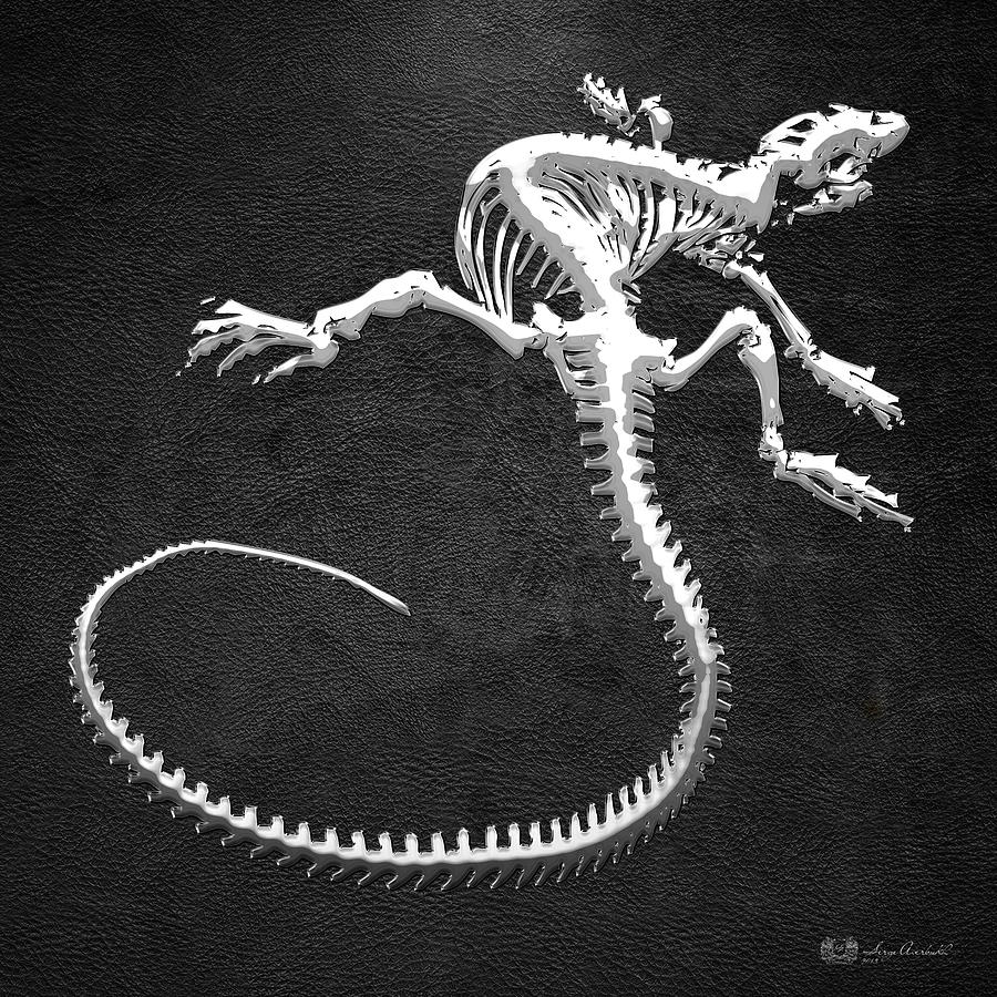 Iguana Skeleton in Silver on Black  Digital Art by Serge Averbukh