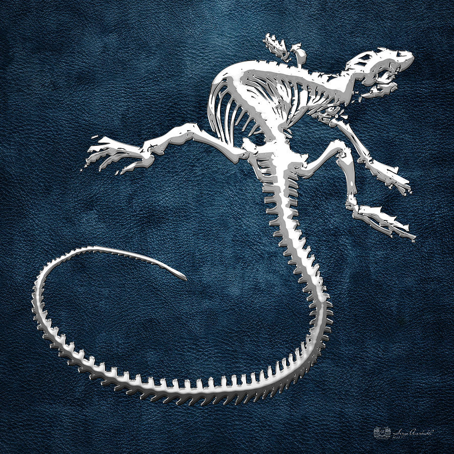Iguana Skeleton in Silver on Blue  Digital Art by Serge Averbukh