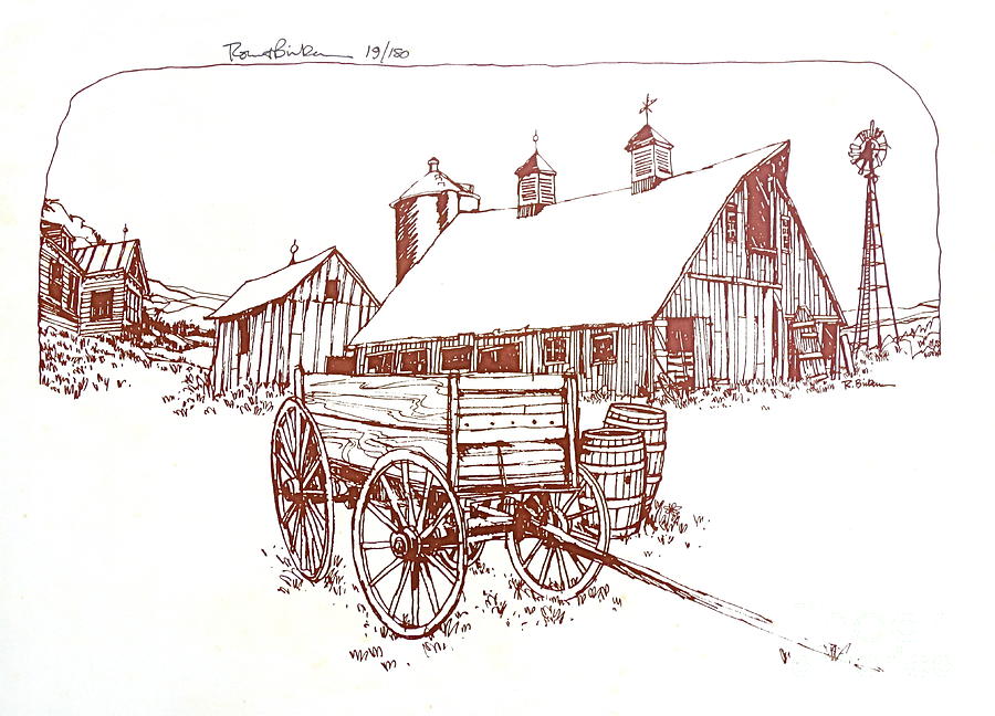 Illinois Farm with Barn and Wind Mill Drawing by Robert Birkenes