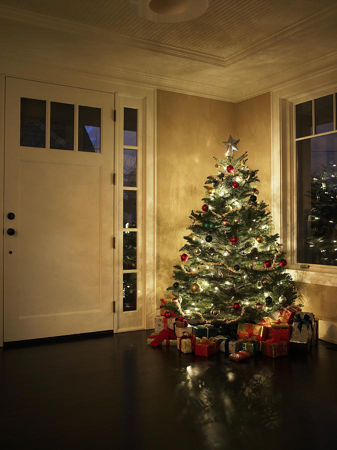 Illuminated Christmas tree in entrance hall Photograph by Ryan McVay