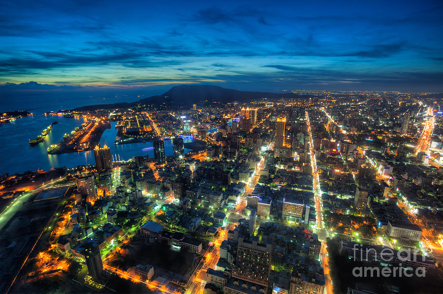 Architecture Photograph - Illuminated Kaohsiung city at night skyline Taiwan cityscape by Fototrav Print