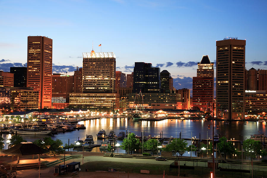 Illuminated skyscrapers of Inner Harbor, Baltimore, Maryland Photograph by Veni