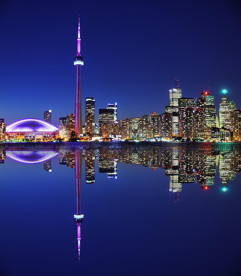 Illuminated Toronto City with Reflection at Night Photograph by Buzbuzzer