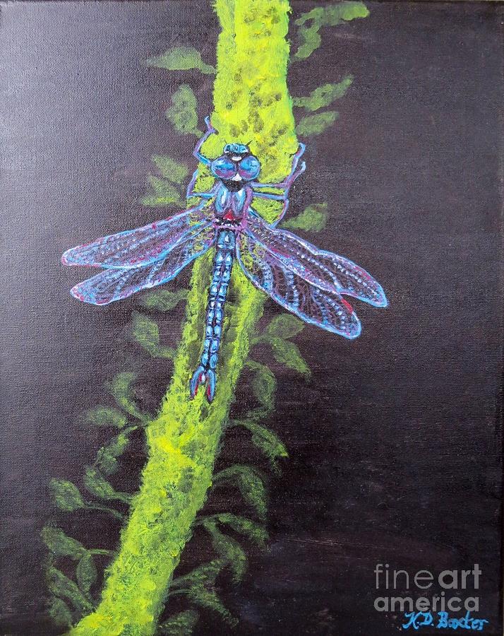 Illumination of a Blue Dragonflys Form at Nightfall Painting Painting by Kimberlee Baxter
