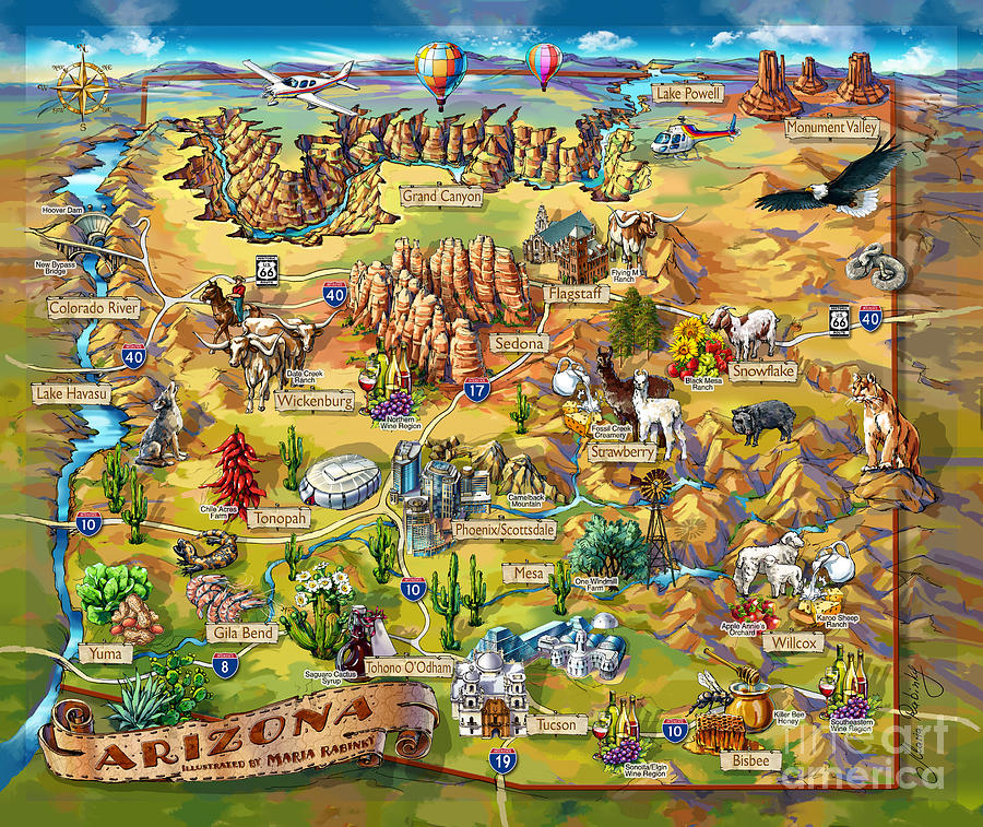 Illustrated Map of Arizona Painting by Maria Rabinky