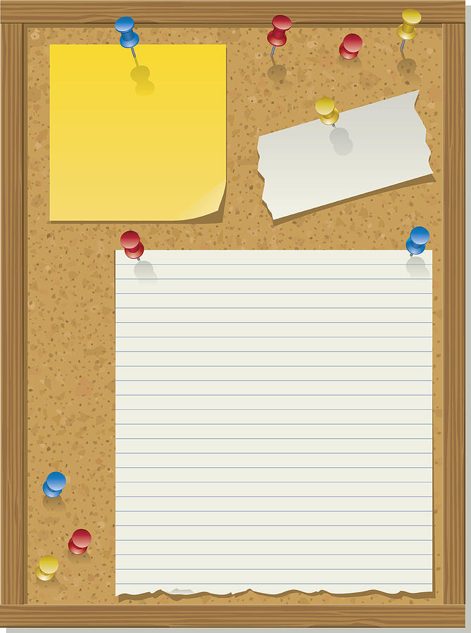 Illustration of a bulletin board with three papers tacked on Drawing by and2DesignInc