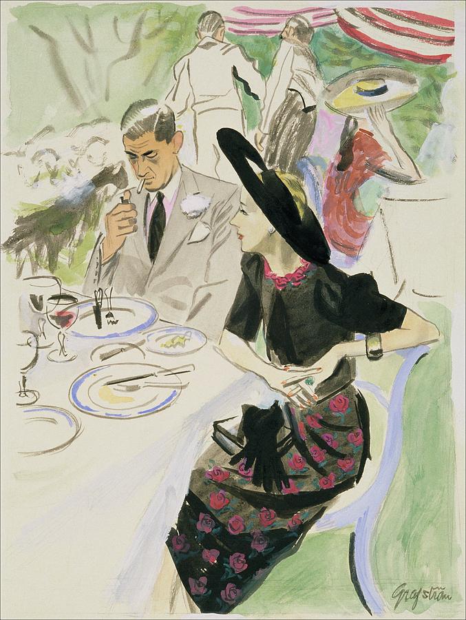 Hat Digital Art - Illustration Of A Couple Dining Outdoors by R.S. Grafstrom