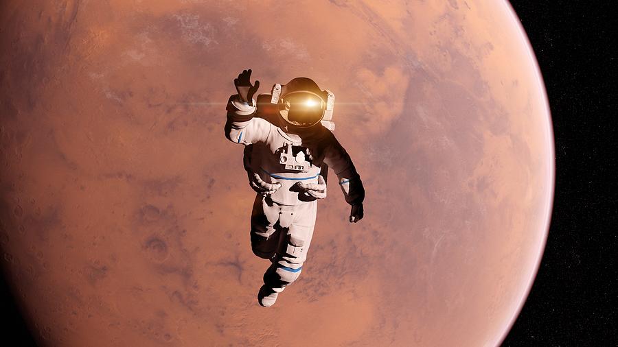 Illustration of an astronaut in front of Mars Drawing by Sciepro/science Photo Library