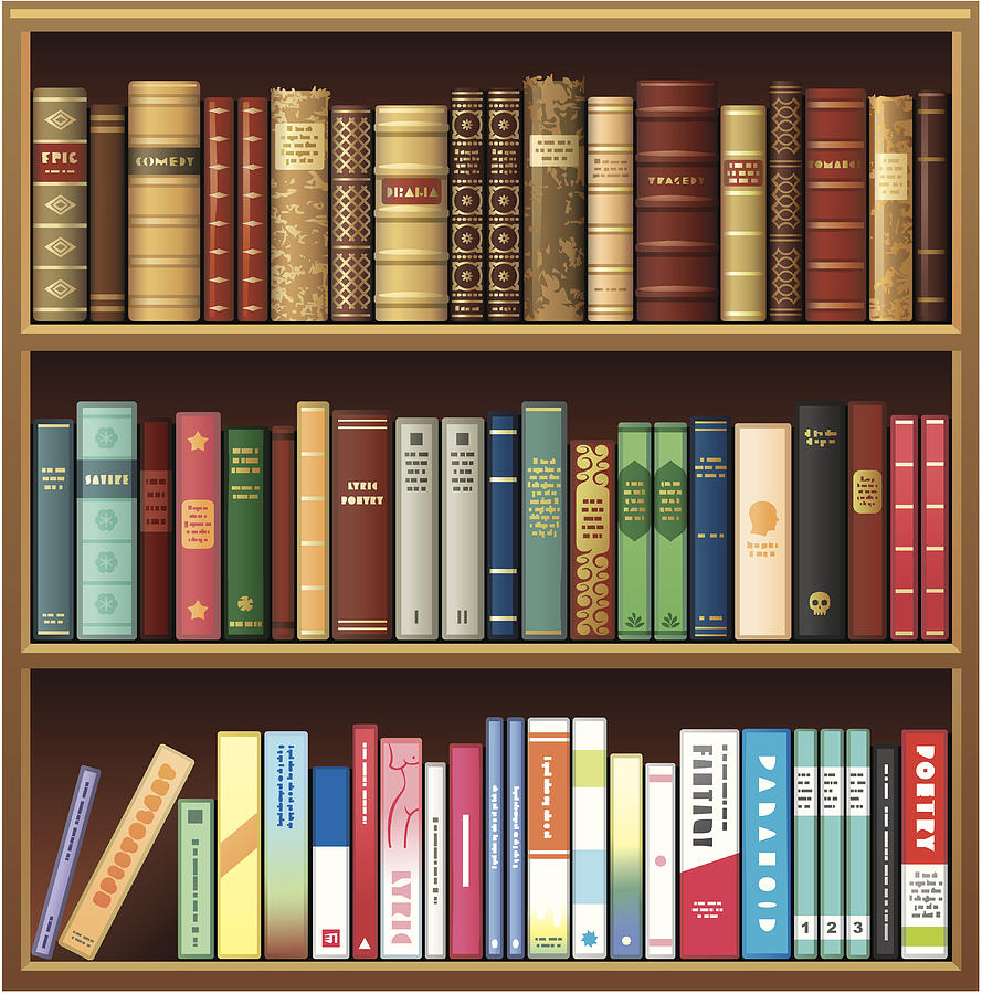 Illustration of book shelf with old and new books Drawing by Steppeua
