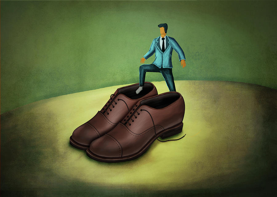 Illustration Of Businessman Stepping In Large Shoes