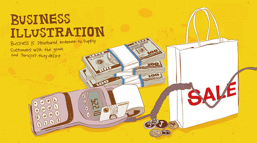 Illustration of card reader, money and shopping bag Drawing by Ivary