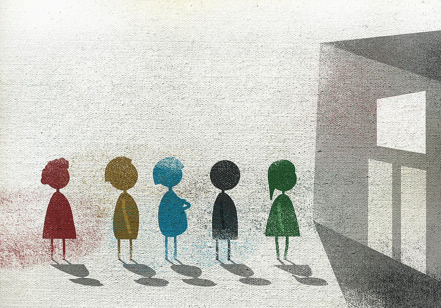 Illustration of children standing in queue by school building representing education Drawing by Malte Mueller