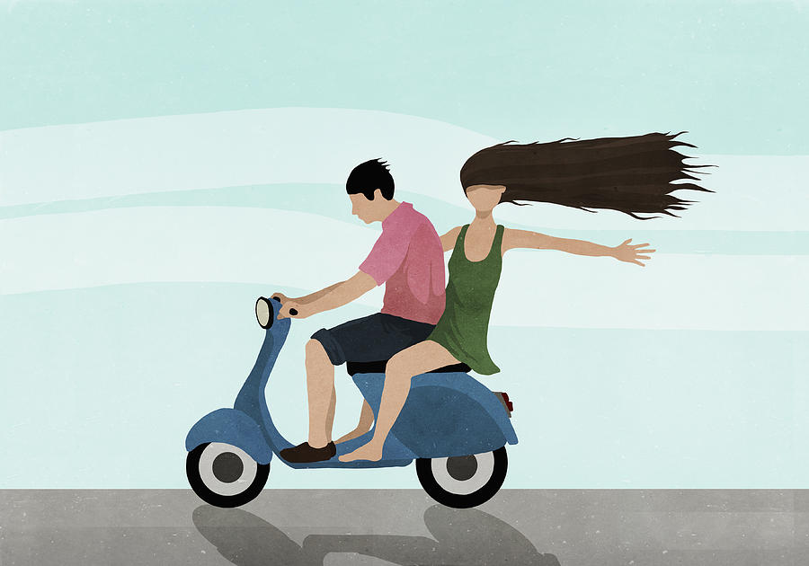 Illustration of couple riding on motor scooter against sky Drawing by Malte Mueller