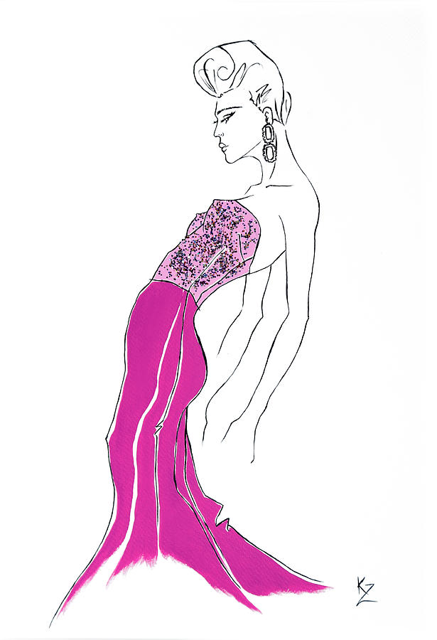 Illustration of fashion model in pink sequin dress. Painting by Kate Zucconi