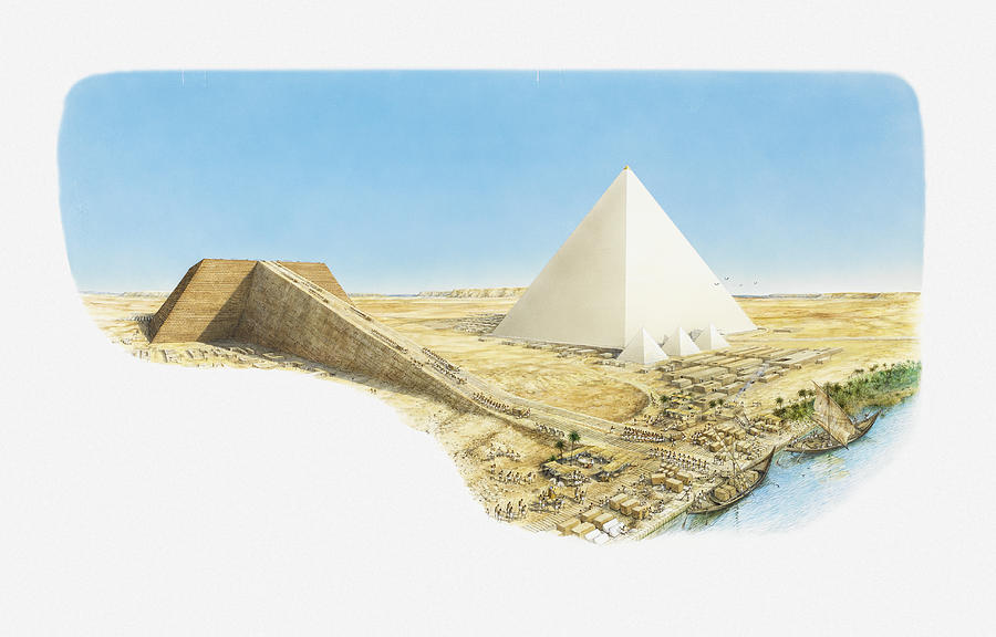 Illustration of Great Pyramid of Giza and Pyramid of Khafre (Khafra) halfway through construction Drawing by Dorling Kindersley
