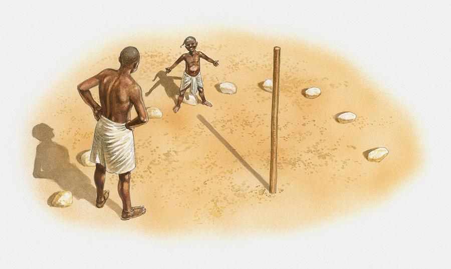 Illustration of man and boy standing at an early sundial, using a stick known as gnomon, Ancient Egypt Drawing by Dorling Kindersley