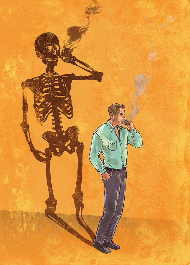 Illustration Of Man Smoking Cigarette With Skeleton Shadow Photograph
