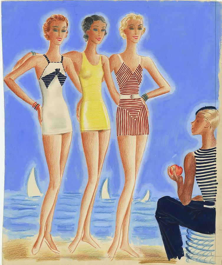 Illustration Of Models On A Beach Wearing Bathing Digital Art by Pierre Mourgue