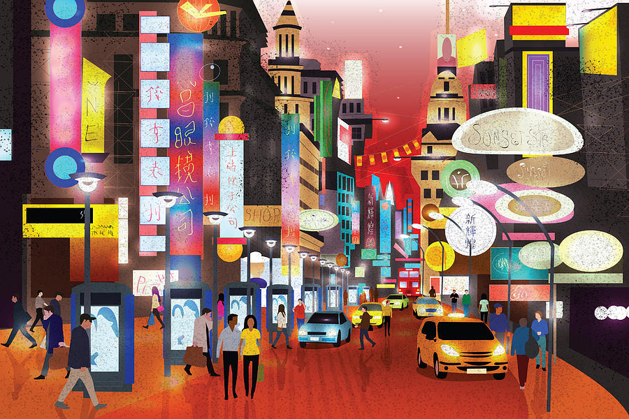 Illustration of people, cars and buildings representing city life Drawing by Fanatic Studio