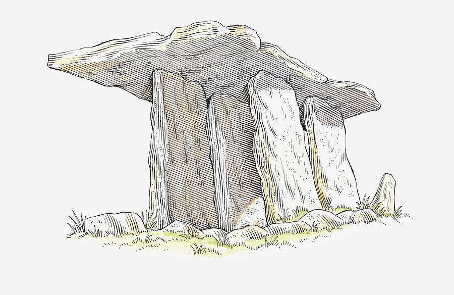 Illustration of Poulnabrone Dolmen, neolithic chamber tomb, County Clare, Ireland Drawing by Dorling Kindersley