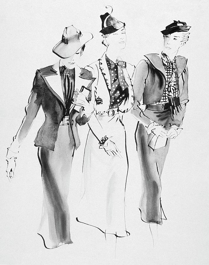 Illustration Of Three Women Wearing Skirt Suit Digital Art by Rene Bouet-Willaumez
