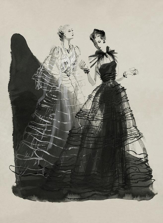 Illustration Of Two Women Wearing Evening Gowns Digital Art by Rene Bouet-Willaumez
