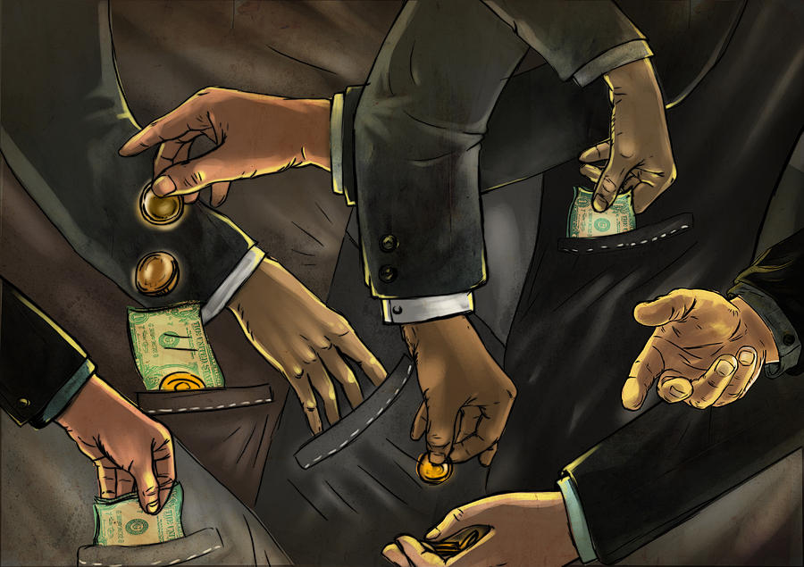 Illustrative image of business people exchanging money representing fraud Drawing by Fanatic Studio