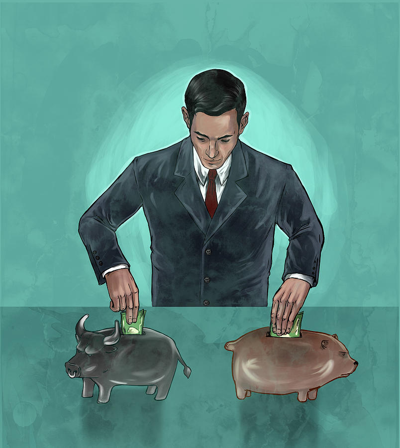 Illustrative image of businessman investing money into bear and bull market representing hedging funds Drawing by Fanatic Studio