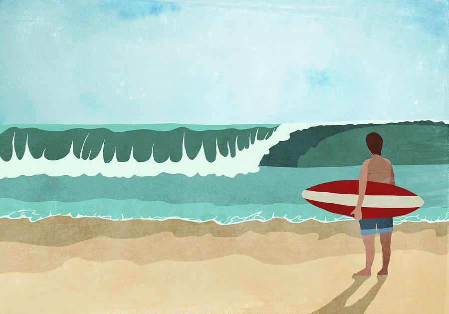 Illustrative image of surfboarder standing on beach Drawing by Malte Mueller
