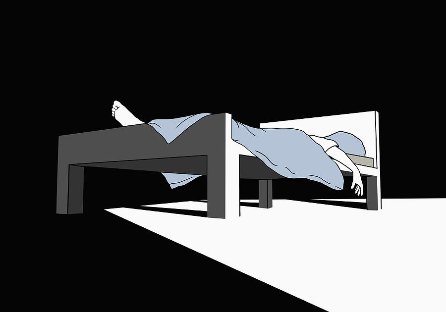 Illustrative image of tired man sleeping on bed in darkroom Drawing by Malte Mueller