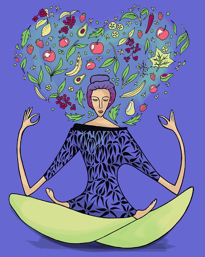 Illustrative image of woman performing yoga exercise with fruits and vegetables against blue background Drawing by Fanatic Studio