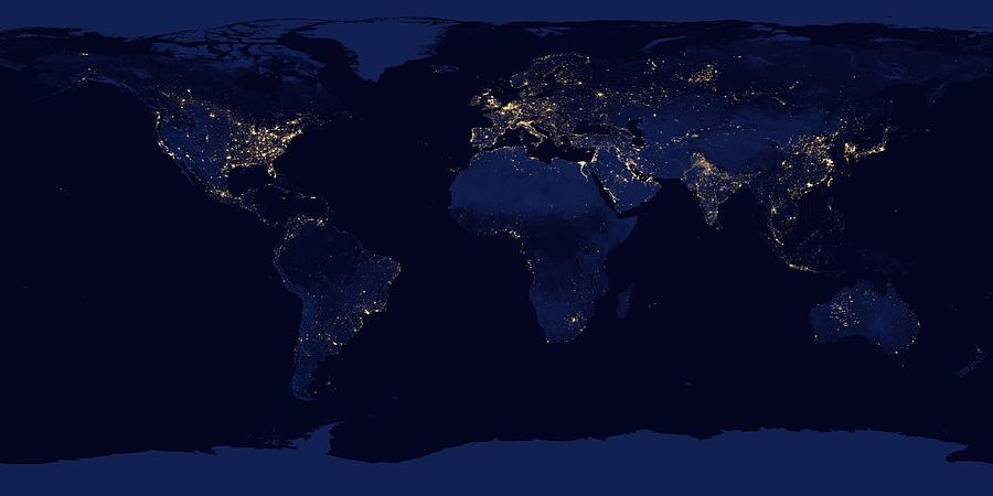 Image of Earth at night. Composite assembled from data acquired by Suomi National Polar-orbiting Partnership (Suomi NPP) satellite over nine days in April 2012 and thirteen days in October 2012 Photograph by Callista Images