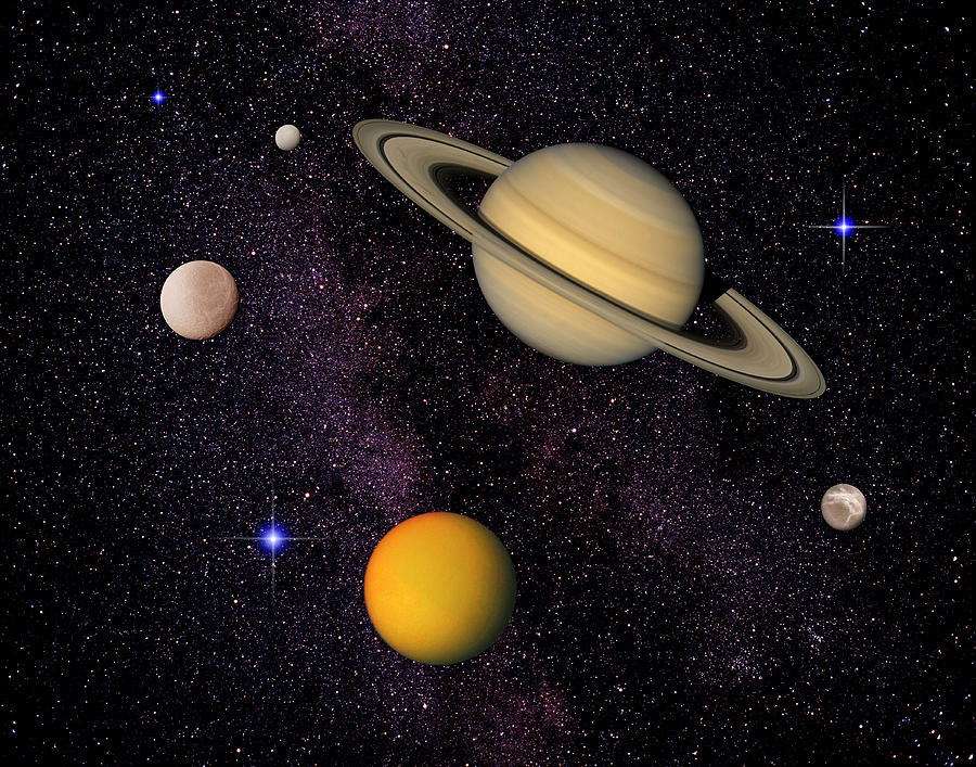 Image Of Saturn And 4 Of Its Moons Photograph by Science Photo Library