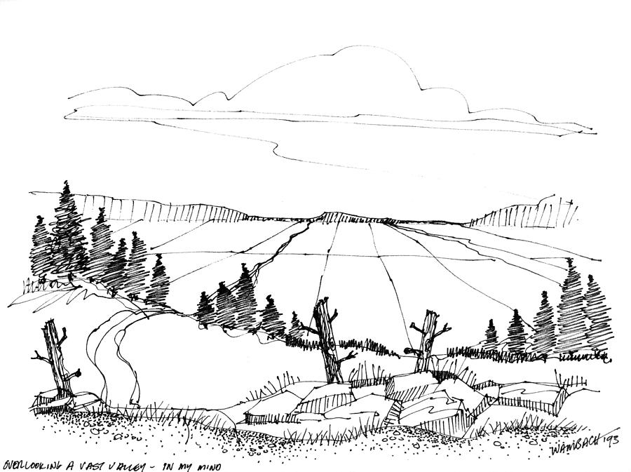 Valley View Drawing - Imagination 1993 - Vast Valley View by Richard Wambach