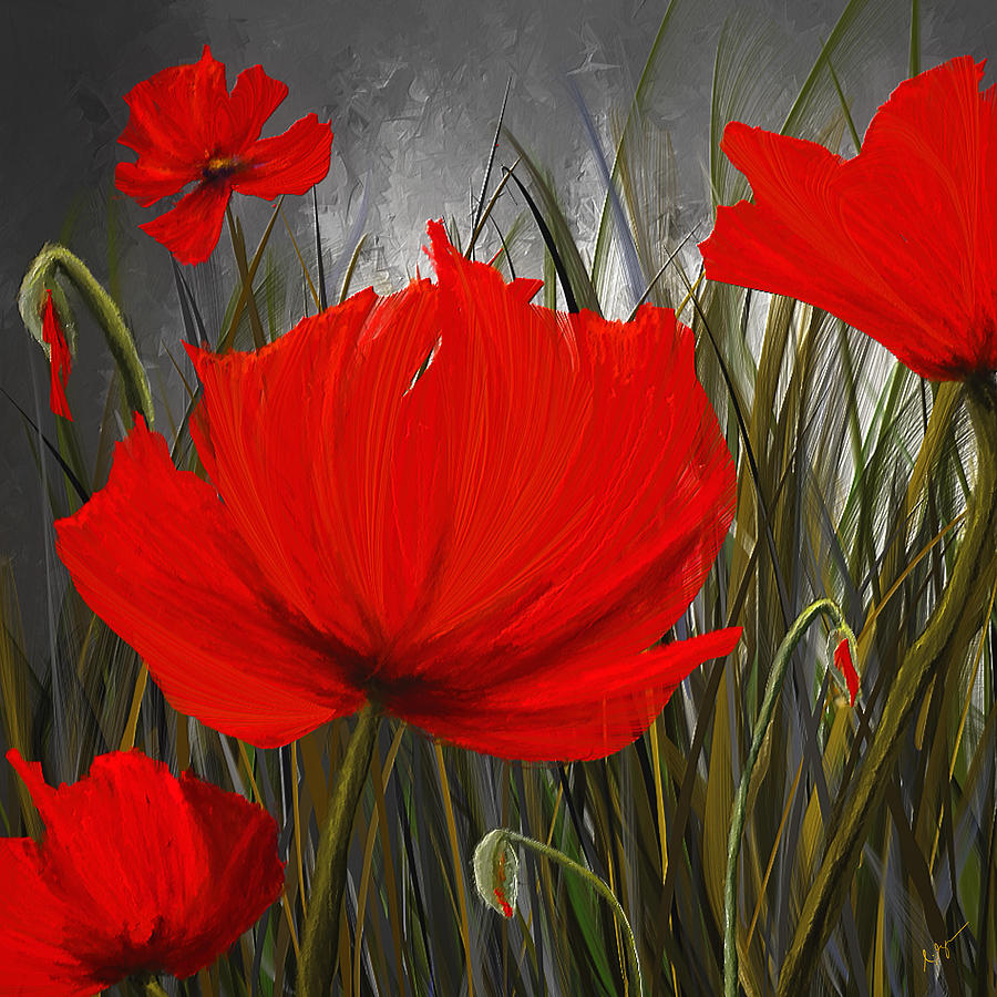 Poppy Painting - Immortal Blooms - Red And Gray Art by Lourry Legarde