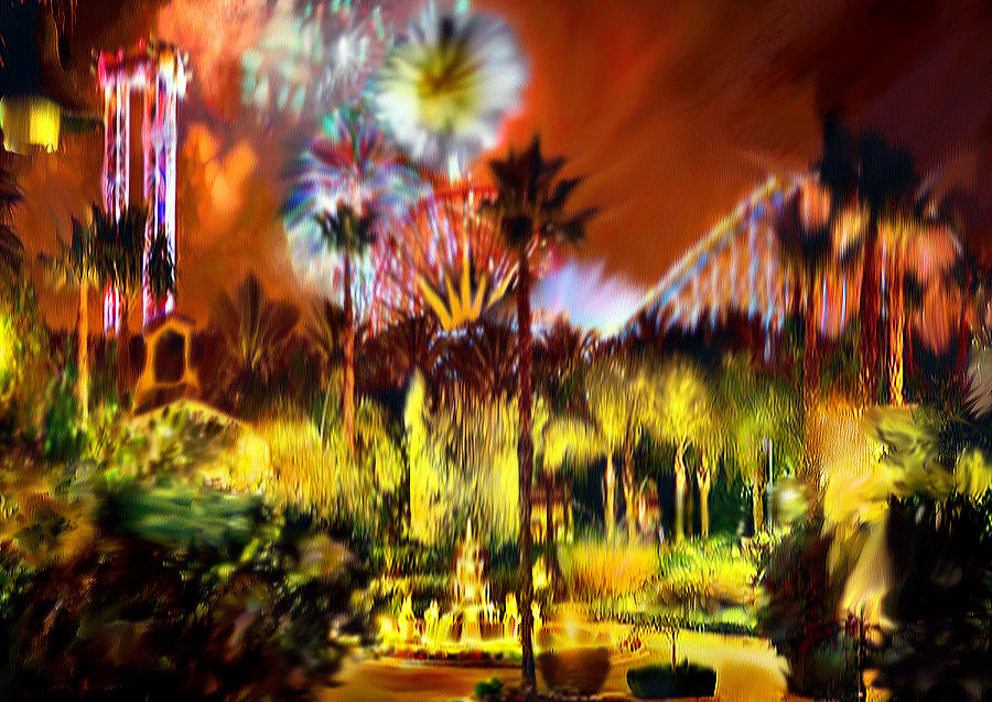 Chicken Painting - Impression of Knotts Berry  Farm at Night by Bob and Nadine Johnston