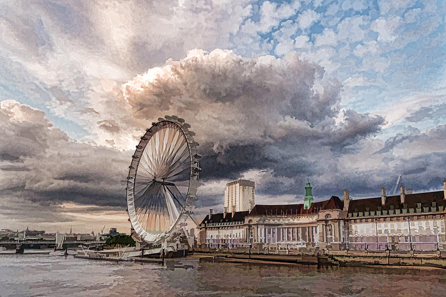 Impressions of London - London Eye Dramatic Skies Digital Art by Georgia Mizuleva