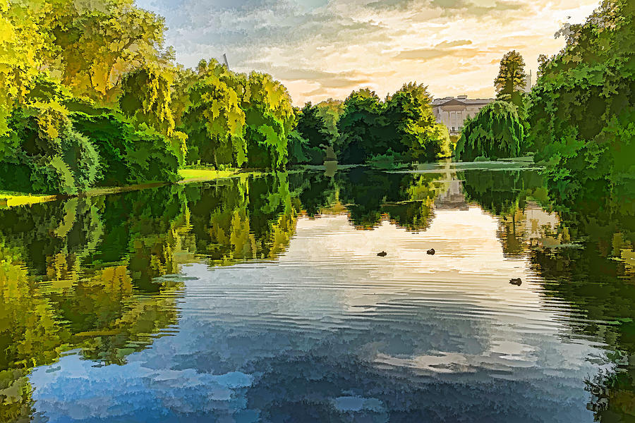 Impressions of Summer - St Jamess Park Lake Reflections Digital Art by Georgia Mizuleva