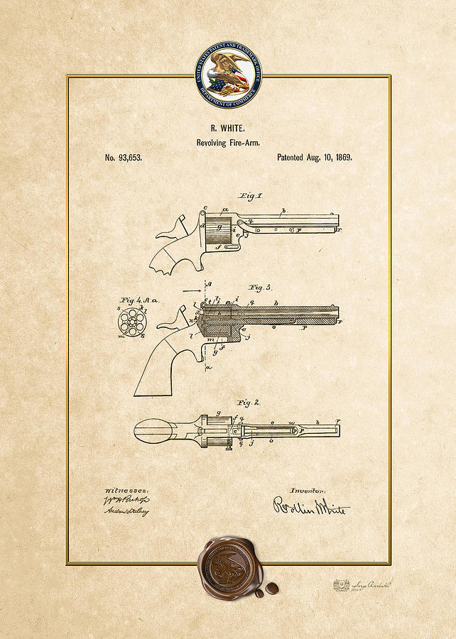 Improvement in Revolving Firearms by R. White - Vintage Patent Document Digital Art by Serge Averbukh