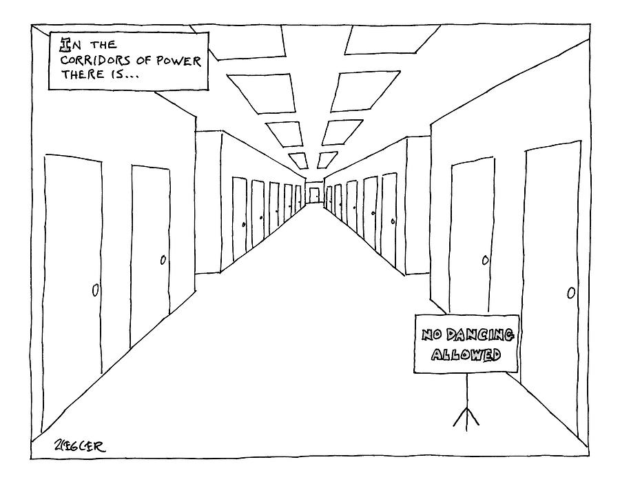 In A Long Hallway With Many Doors There Is A Sign Drawing by Jack Ziegler