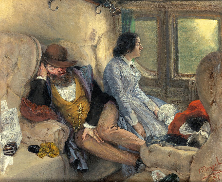 In a Railway Carriage after a Nights Journey Painting by Adolph von Menzel