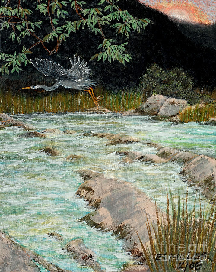 River Painting - Solitary Heron by Edward Fuller
